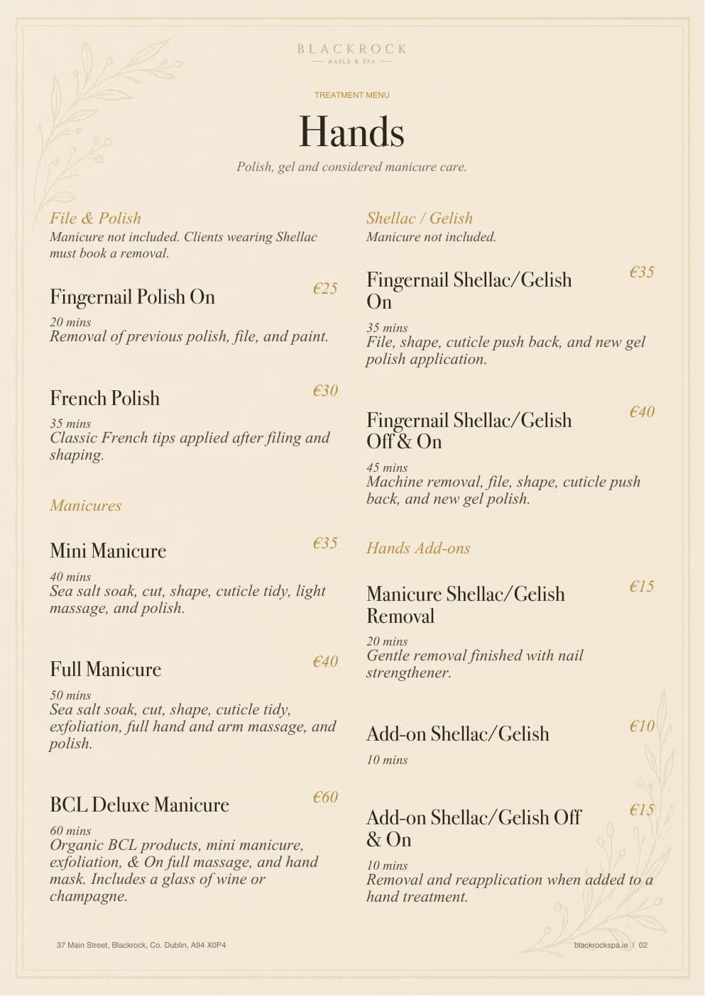 Hands treatment menu page