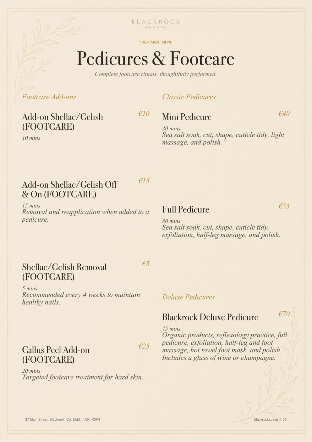 Pedicure treatment menu page